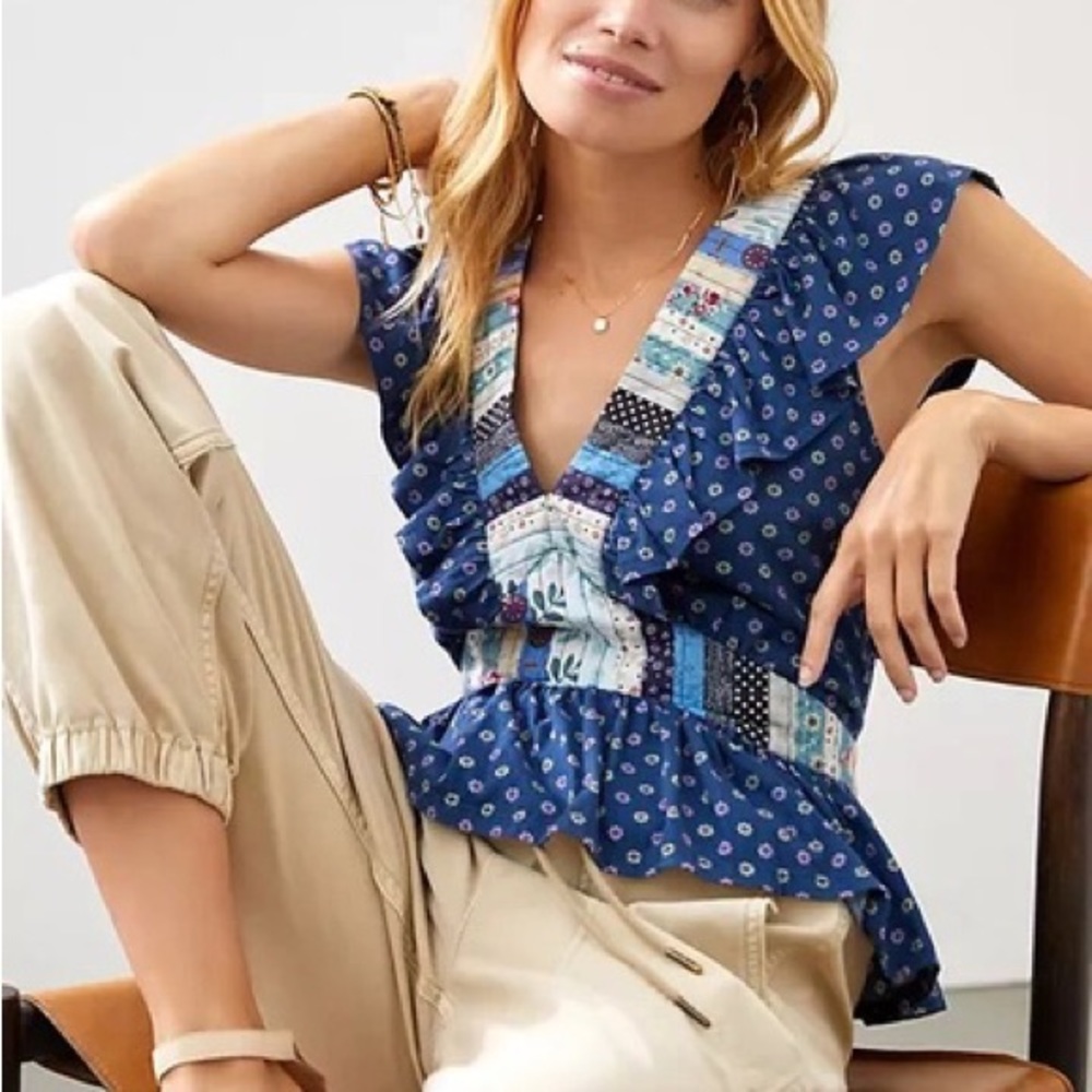 Anthropologie Let Me Be Ruffled Patchwork Top Quilt Blue Ruffle V Neck